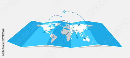 Folded World Map with airplanes flying. Travel and tourism. Vector illustration.