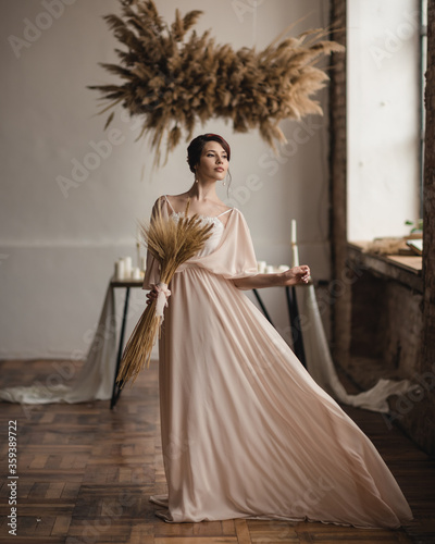 beautiful bride in retro flying dress in vintage style