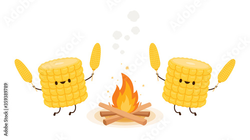 Corn vector. Corn character design. Corn vector on white background. Bonfire vector. grill corn.