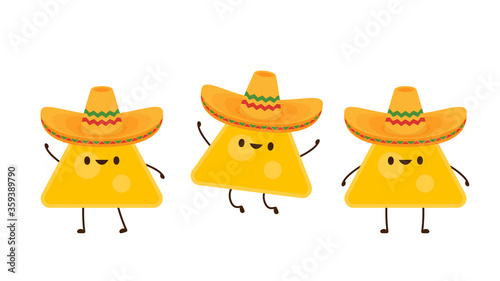 Nacho character design. Nachos on white background. Mexican hat.