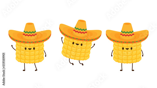 Corn in a Mexican hat. Corn vector. Corn character design. Corn vector on white background.