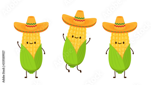 Corn in a Mexican hat. Corn vector. Corn character design. Corn vector on white background.