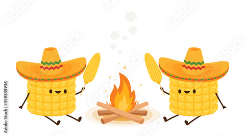 Corn in a Mexican hat. Corn vector. Corn character design. Corn vector on white background. Bonfire vector.