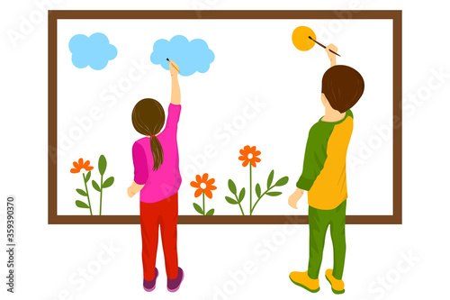 Child art home education. Children is drawing a picture. Schooling. Pupil does his hometask on desk. The painting is colourful. The boy and girl is making a sun, cloud, flowers. Flat  illustration.