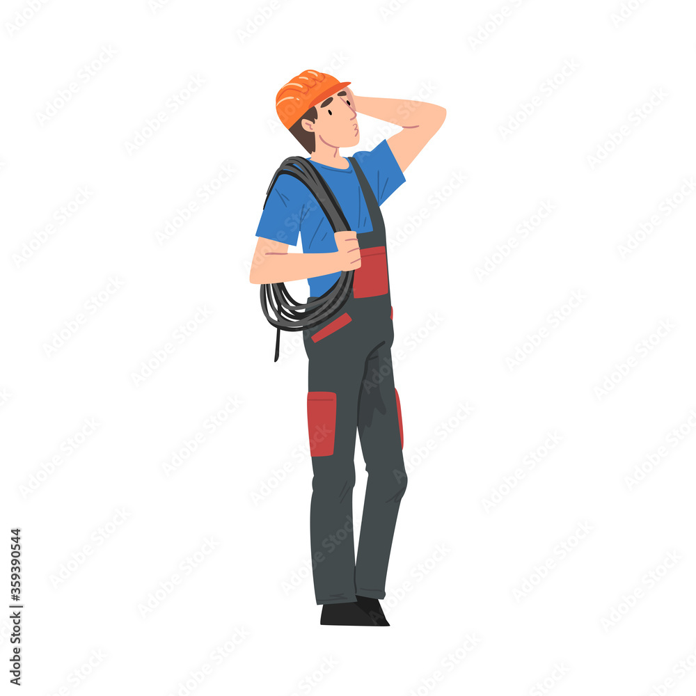 Male Electrician Engineer with Cable Thinking Before Repairing, Electricity Maintenance Service Worker Character Cartoon Style Vector Illustration