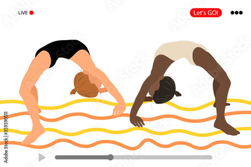 Home sport. Yoga home. Online training. Young girls gymnasts perform exercises. Vector illustration. Training performance strength gymnastics.  Fitness Women. Banner. Flat vector illustration.