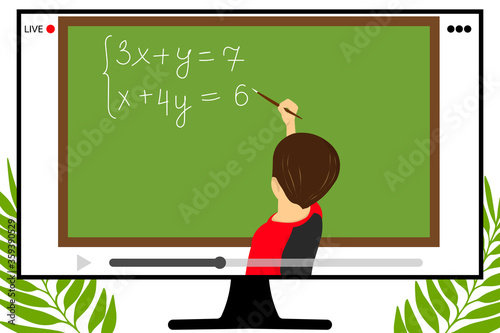 Child home education. Online learning. Schooling. Communication in internet. Teaching worldwide. Pupil boy does his hometask on the desk. Video conferencing. Flat illustration.