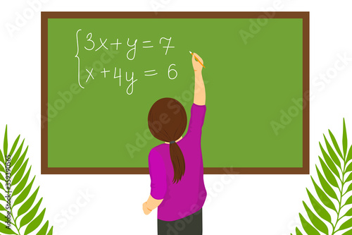 Child home education. Distance learning. Schooling. Teaching worldwide. Pupil girl does his hometask on the desk. The daughter is studying. Flat illustration.