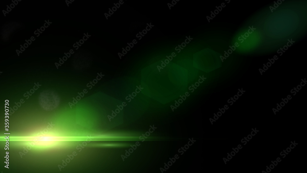 green lens flare effect overlay texture with hexagonal bokeh effect in front of a black background