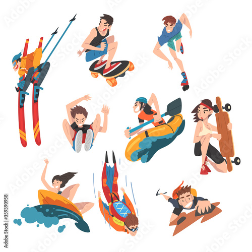 Extreme Sports Set, Snowboarding, Surfing, , Skateboarding, Skydiving, Mountaineering, Parasailing, Hobbies and Recreational Activities Cartoon Style Vector Illustration
