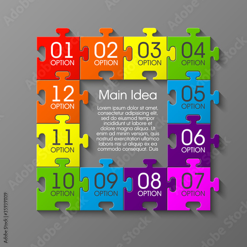 Puzzle twelve piece business presentation. Square infograph. Circle 12 Step process diagram card. Section compare service banner. Vector illustration template color shape . 3d Abstract Background