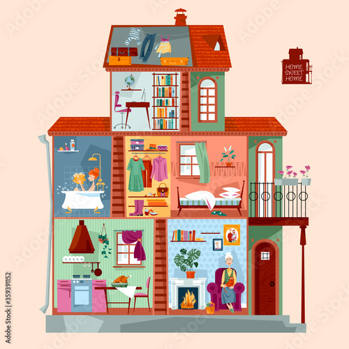 Cross section of a private house. Detailed interior design of rooms.