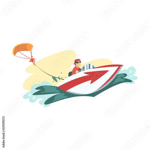 Man Parasailing with Parachute Behind Motor Boat, Extreme Hobby or Sport, Tourism and Recreational Activity Cartoon Style Vector Illustration