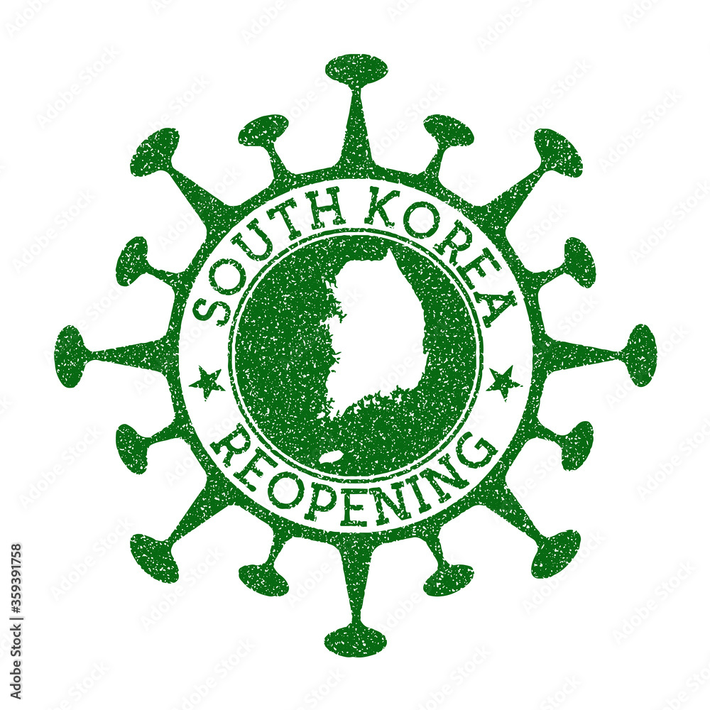 South Korea Reopening Stamp. Green round badge of country with map of South Korea. Country opening after lockdown. Vector illustration.