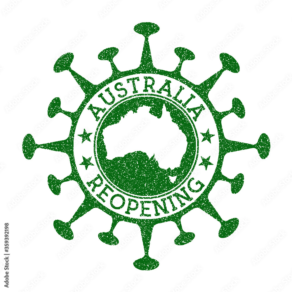 Australia Reopening Stamp. Green round badge of country with map of Australia. Country opening after lockdown. Vector illustration.