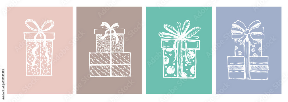 Gift boxes set. Hand drawn illustrations. Gift boxes set. Hand drawn illustrations.