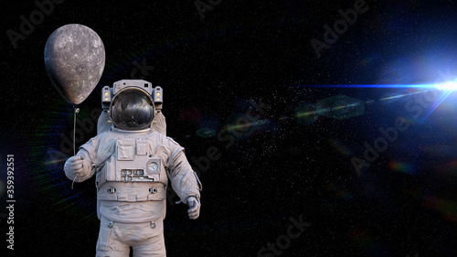 astronaut with planet Mercury balloon, background with empty space 