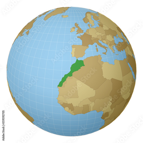 Globe centered on Morocco. Country highlighted in green on world map. Satellite projection view. Vector illustration.