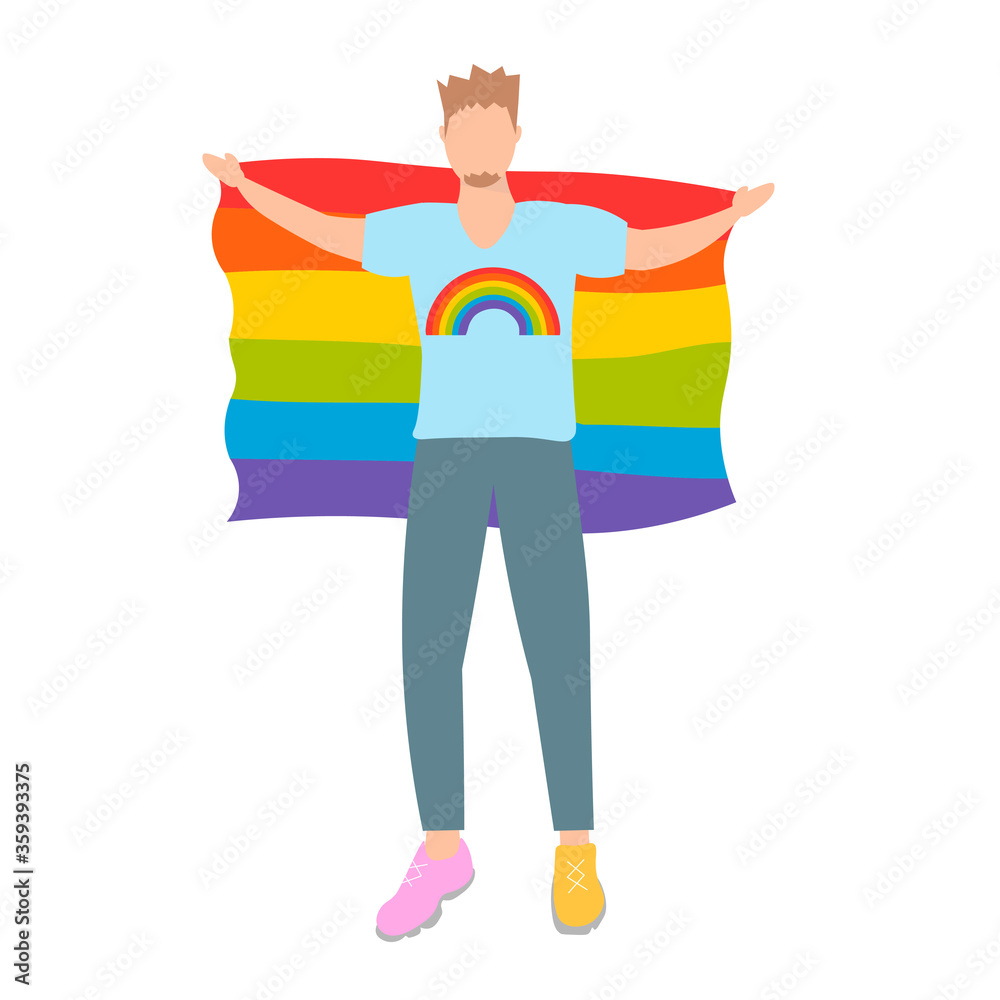 Boy in T-shirt with rainbow taking part in pride parade. Man demonstration for LGBT rights. Activist . Colorful vector illustration in flat style. Isolated on white background. Boy in T-shirt with rainbow taking part in pride parade. Man demonstration for LGBT rights. Activist . Colorful vector illustration in flat style. Isolated on white background.