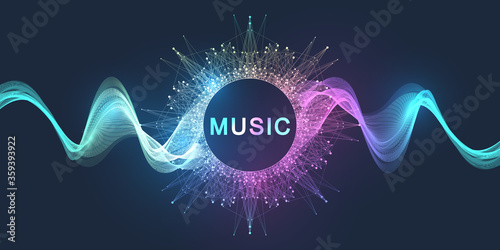 Abstract motion sound wave lines and dots dynamic vector background. Spiral pulse sound wave rhythm. Music wave poster design.