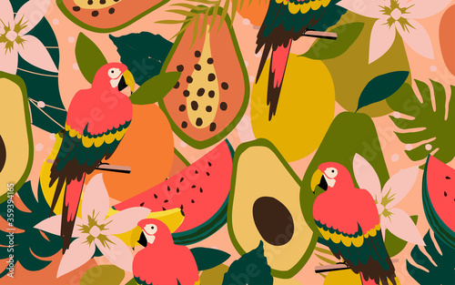 Tropical fruits, flowers and leaves background with parrots. Colorful summer vector illustration design. Exotic tropical art print for travel and holiday, fabric and fashion