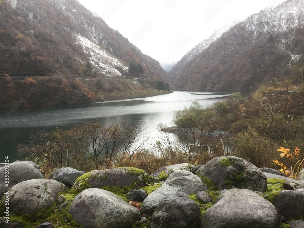 Snowy Unazuki Lake in Kurobe Gorge