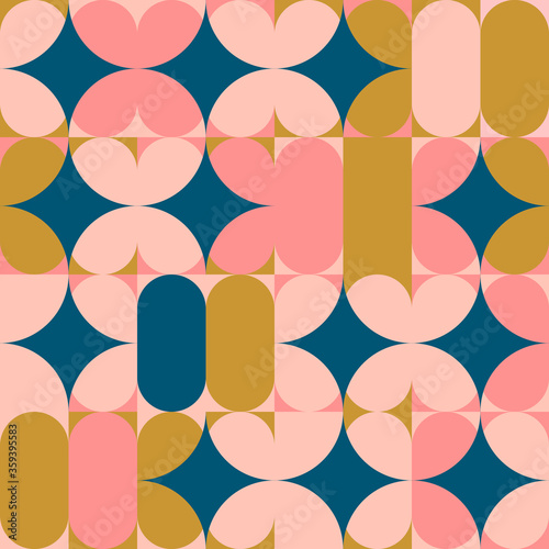 Modern vector abstract seamless geometric pattern with semicircles, circles and squares in retro scandinavian style. Illustration with geometric figures. Design background for invitation,