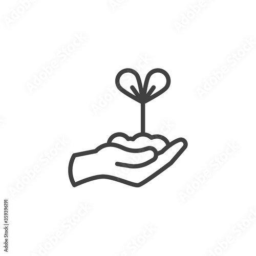 Hand with flower line icon. linear style sign for mobile concept and web design. Hand grow flower outline vector icon. Ecology symbol, logo illustration. Vector graphics