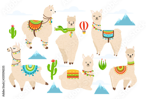 Vector set of cute alpaca and llama witn cactuses, mountains, balloon and clouds. Cartoon llama character illustration elements for poster, greeting, birthday card. Beautiful illustration of llama.