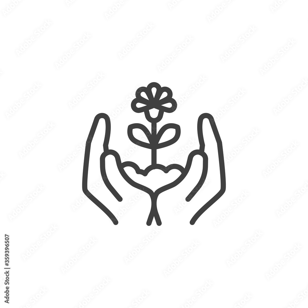 Hands with growing flower line icon. linear style sign for mobile concept and web design. Hands holding plant outline vector icon. Ecology care symbol, logo illustration. Vector graphics