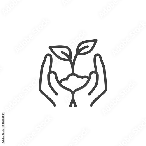 Plant growing in hands line icon. linear style sign for mobile concept and web design. Hands with sprout and soil outline vector icon. Save nature symbol, logo illustration. Vector graphics