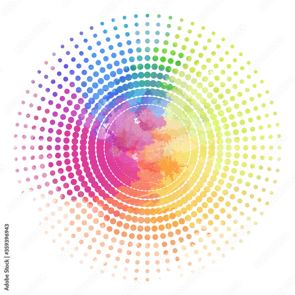 Round frame with halftone and rainbow watercolor background. Dotted pattern on the frame. Creativity and love. Vector object for banners, cards, templates and your design. Round frame with halftone and rainbow watercolor background. Dotted pattern on the frame. Creativity and love. Vector object for banners, cards, templates and your design.