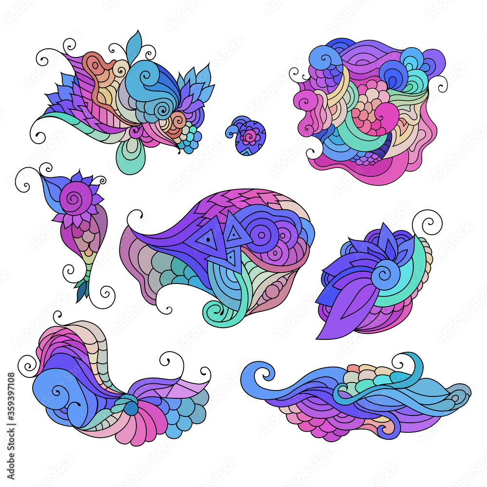 Colorful zentangle doodle sketch. Set of tattoo sketches. Ethnic tribal wavy vector illustration.