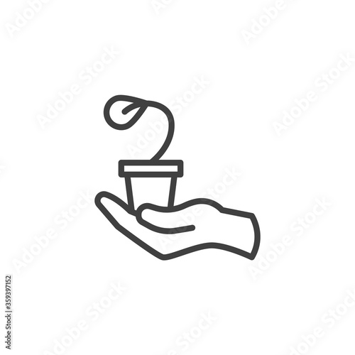 Hand holding flower pot line icon. linear style sign for mobile concept and web design. Hand with potted plant outline vector icon. Symbol  logo illustration. Vector graphics