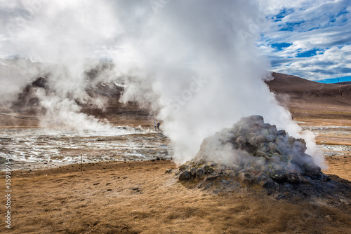 Hverir geothermal area with boiling mudpools and steaming fumaroles near Reykjahlid town Iceland
