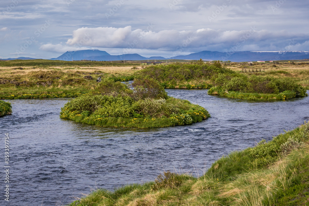 Evening view of River Laxa i Adaldal river in Iceland