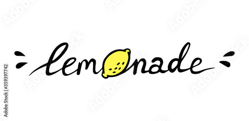 Vector lettering Lemonade with lemon and juicy drops. Black and yellow isolated on white background