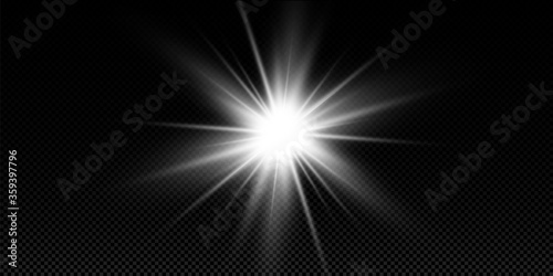 White glowing light explodes on a transparent background. with ray. Transparent shining sun, bright flash. Special lens flare light effect.