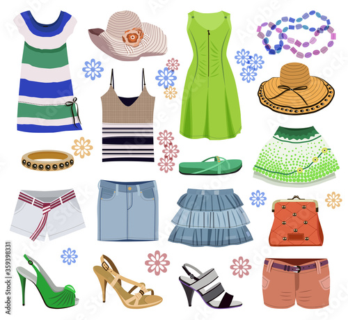 Collection of fashionable women's clothes isolated on white (vector illustration)