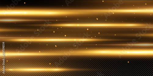 Golden light effect. Abstract laser beams of light. Chaotic neon rays of light .