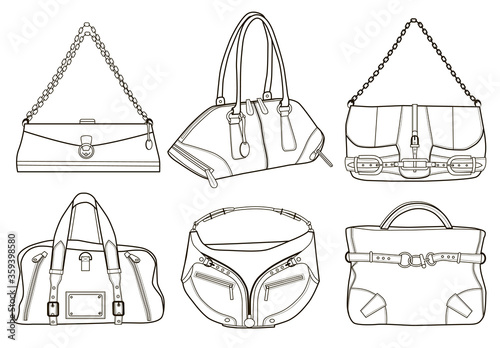Collection of fashion women's bags (vector illustration coloring book).