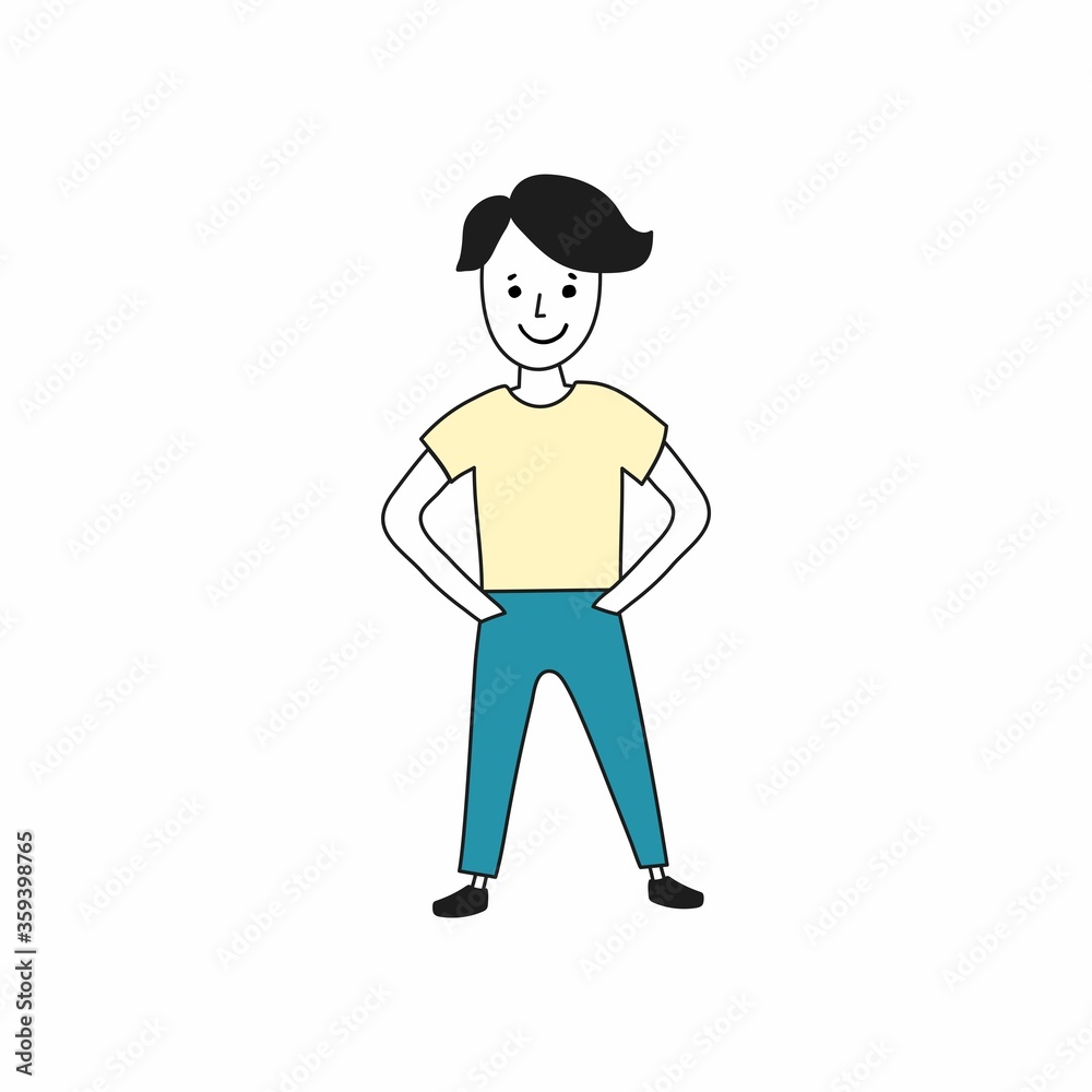 A man in a T-shirt and blue jeans stands and smiles, holds his hands in his pockets. A man in a T-shirt and blue jeans stands and smiles, holds his hands in his pockets.