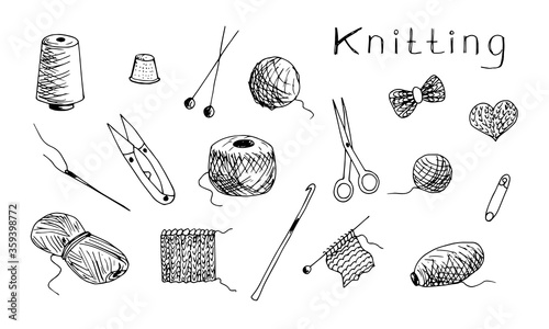 Hand-drawn vector set of black outline. Knitting, favorite homework during self-isolation, quarantine. Threads, needles, clew, pin, scissors, hook, yarn, thimble. Hobbies, needlework. Ink drawing.