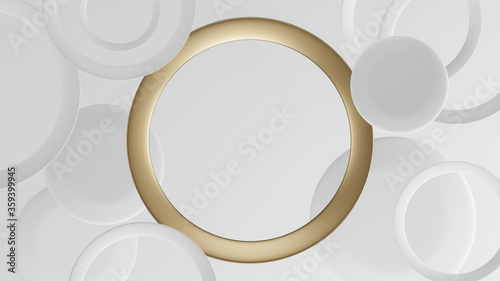 Abstract background with gold and white ring circles. 3D render