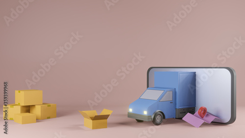 Online delivery service app concept, Delivery van and mobile phone with map. 3D rendering © marchsirawit