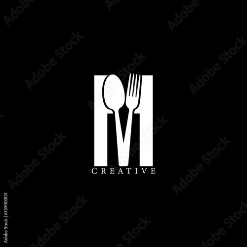 Combination fork and spoon flat M letter logo design