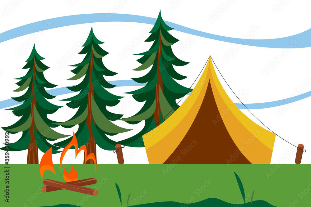 Vector landscape with a tent, forest and fire. Background image of outdoor recreation.