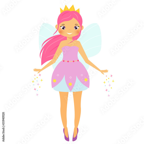 Cute fairy. Cartoon fantasy fairy spread magic dust. Pixie, elf girl with pink hair