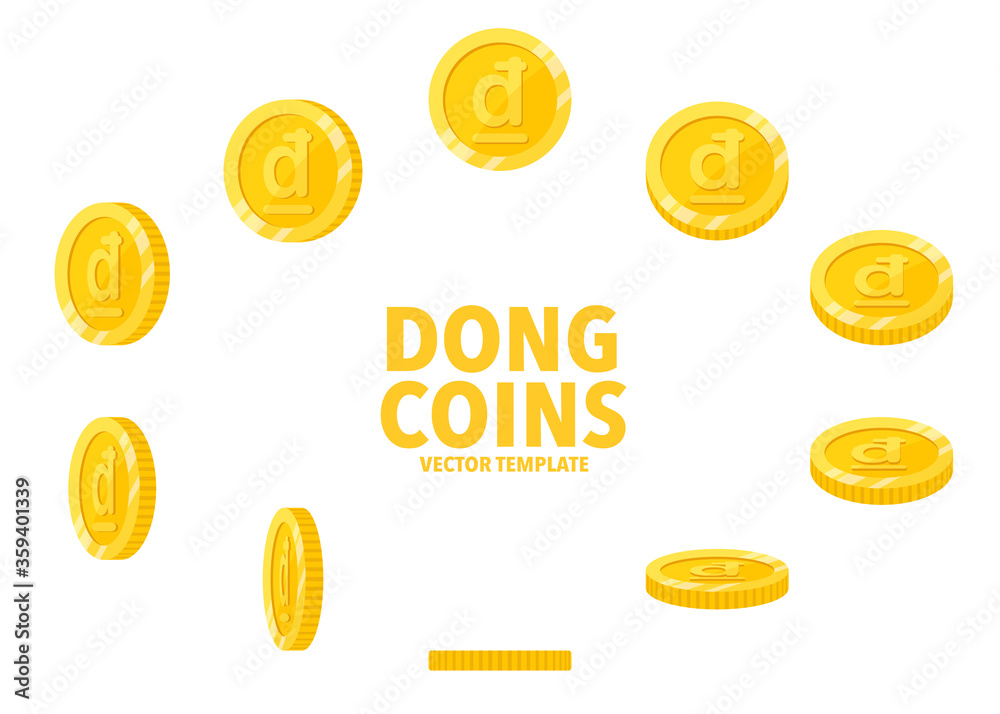 Fototapeta premium Vietnam Dong sign golden coins isolated on white background. Set of flat icon design of coin with symbol at different angles.