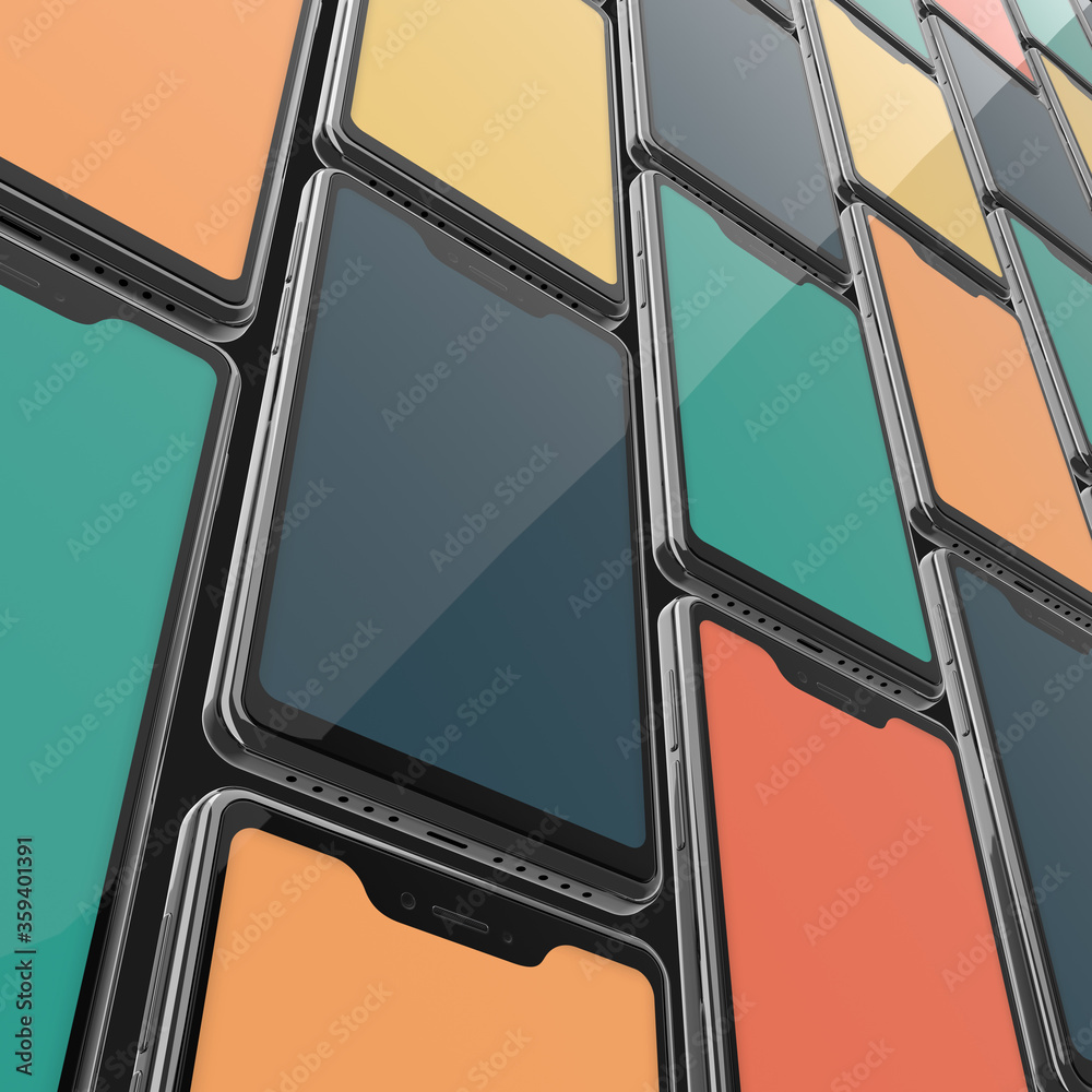 Fototapeta premium Wall of smartphones with colorful pastel screens - abstract 3d illustration